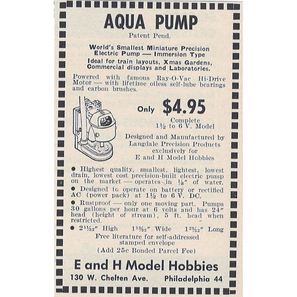 E and H Model Hobbies Vintage Print Ad 1954 Original Aqua Pump Philadelphia - Picture 1 of 1